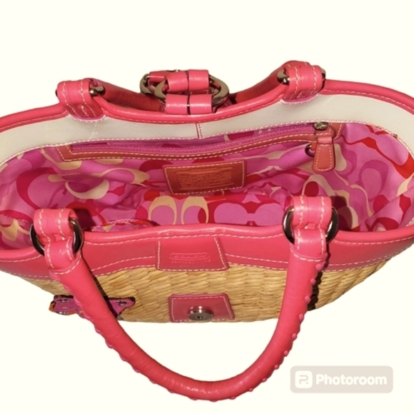 Coach Straw Basket Weave Pink Leather Authentic Handbag/Purse NO. L3K 62… - Picture 6 of 12